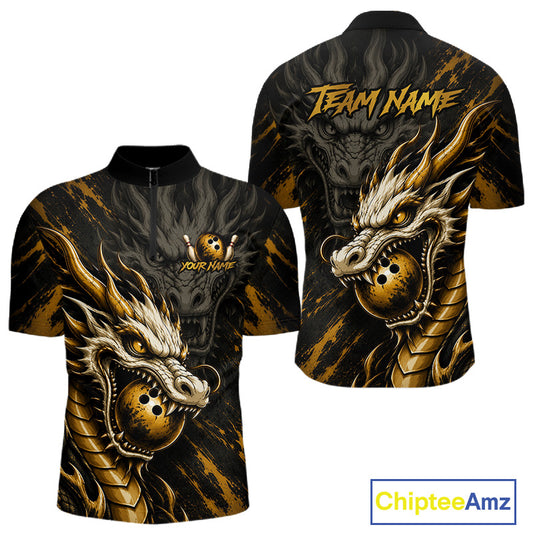 Custom short-sleeve quarter-zip shirt shown from the front and back, featuring a large gold and black dragon graphic with a bowling ball motif, plus customizable text areas reading TEAM NAME and YOUR NAME.
