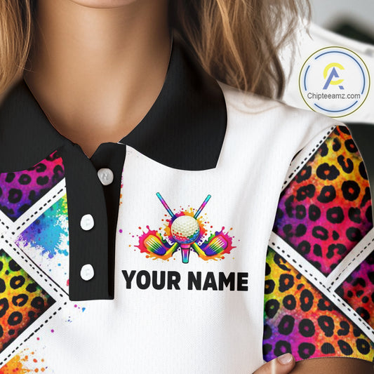 Rainbow Womens Golf Polo Shirt Leopard Print Pattern Custom Team Ladies Golf Top, Golf Gift NHN0228