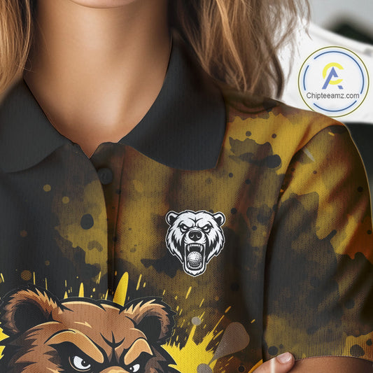 Womens Golf Polo Shirts Custom Yellow And Black Grunge Pattern With Bear Grasping Golf Ball NHN0063