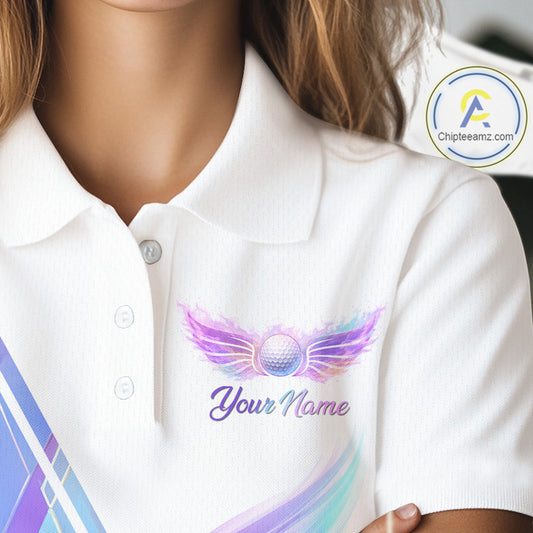 Womens Golf Polo Shirt Violet Square Plaid Pattern Custom Flame Golf Ball Golf Tops For Ladies NHN0204