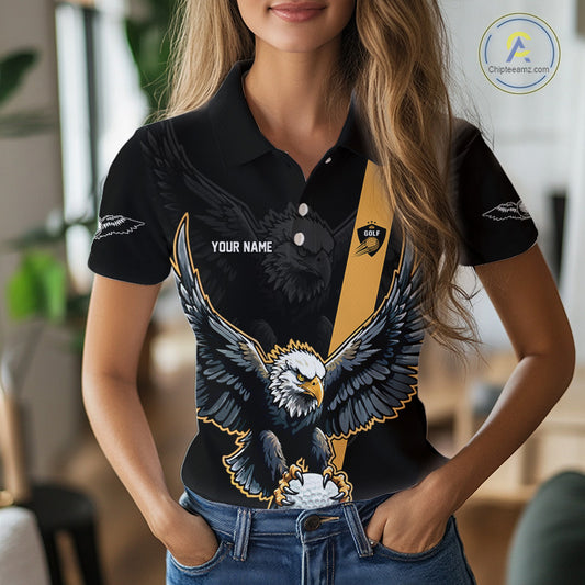 Eagle Womens Golf Polo Shirts Custom Golf Attire For Ladies, Black & Yellow Team Golf Top Personalized NHN0083