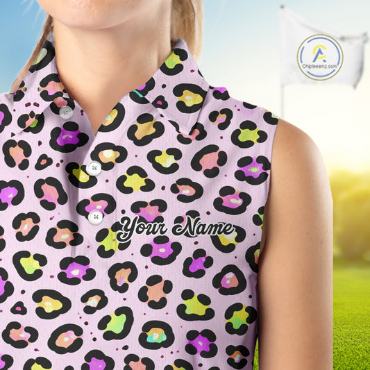 Womens Sleeveless Golf Polo Shirt Custom Colorful Neon Rainbow Leopard Team Golf Shirt For Golf Lovers NHN0154