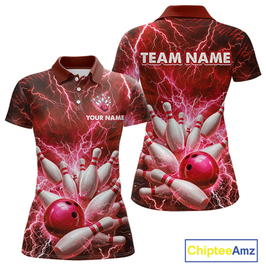 Red Lightning Bowling Shirts for Team Women Men Custom Bowling Polo & 1/4 Zip Shirt MBL241