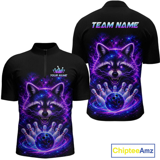 Black short-sleeve bowling-themed quarter-zip shirt shown from front and back on a white background. The front has a raccoon graphic with bowling pins and a bowling ball surrounded by purple neon lightning effects, plus customizable text 'YOUR NAME' and a crown icon.