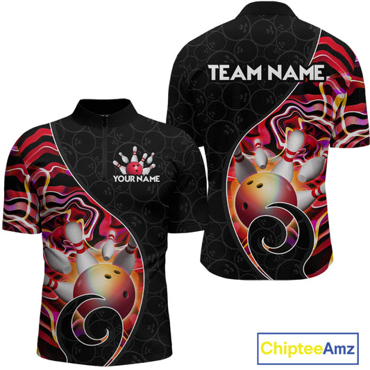Men’s red neon wave strike bowling shirt with custom name, front view quarter zip design on white background