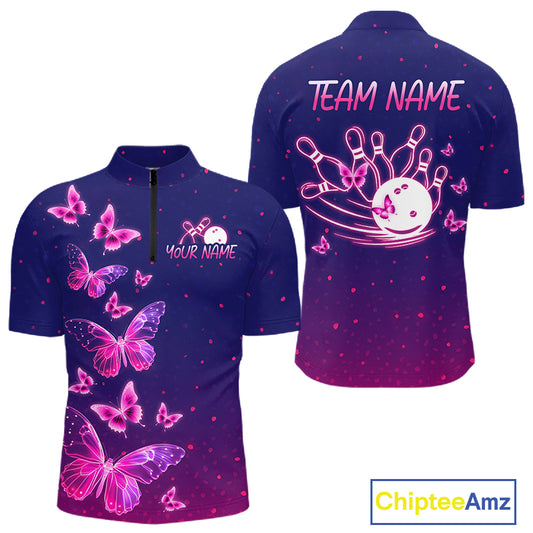 Custom Purple Galaxy Butterflies Bowling Team Shirts Bowling Jersey for Men Bowling League HNT467