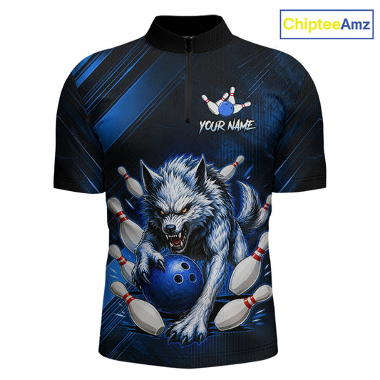 Wolf Bowling Shirts for Men Custom Blue Wolf Bowling Team Jersey Bowling League HNT284