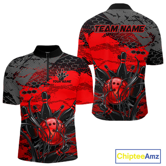 Red and black bowling-themed shirt with 'Team Name' and 'Your Name' text on a white background.