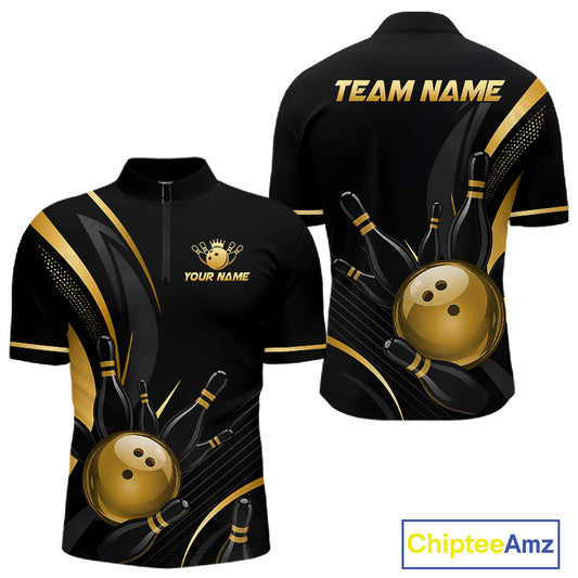 Black and gold bowling jersey with customizable text on a white background