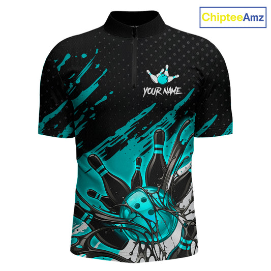 Custom Turquoise Bowling Jerseys For Men, Personalized Bowling Team Shirts Bowling Pin And Ball HNT283