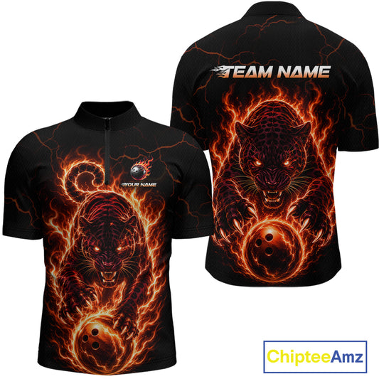 Black polo shirt with fiery panther design on front and back, featuring 'Team Name' text.