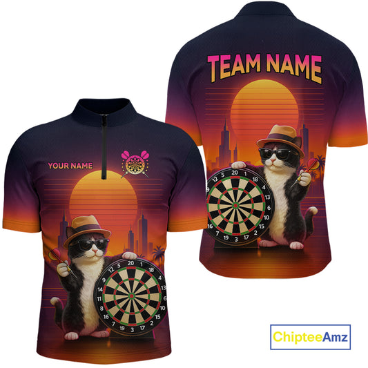 Funny Cat Retro Dart Shirts For Men Custom Dart Board Shirts Polo & 1/4 Zip Dart Jersey Team NNT124