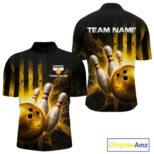 Bowling-themed shirt with 'Team Name' and 'Your Name' text on a black background, featuring a bowling ball and pins design.