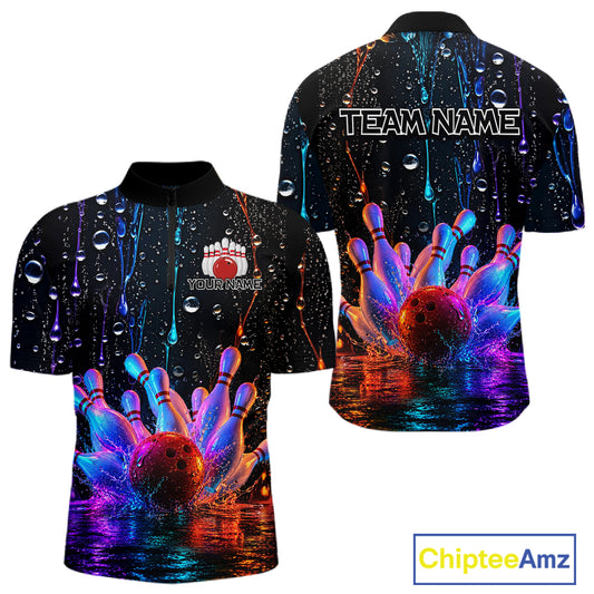 Bowling-themed quarter zip shirt with colorful design and space for customization on a white background.