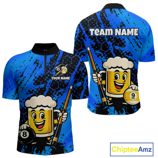 Custom pool team shirt featuring a cartoon beer mug character, 8-ball and 9-ball graphics, and personalized “TEAM NAME” and “YOUR NAME” text areas.