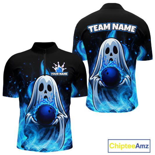 Custom Blue Flame Ghost Bowling Team Shirts, Bowling Shirts For Men Bowling Jersey HNT466