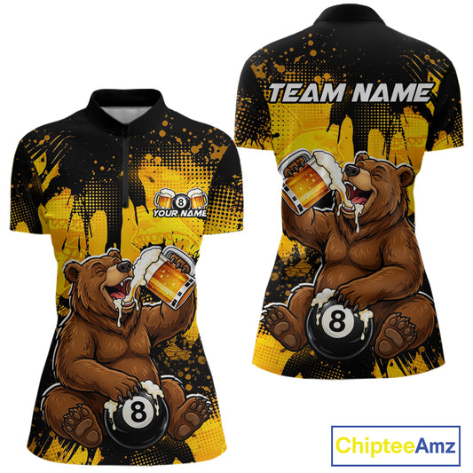 Custom Beer Bear 8 Ball Billiard Shirts for Women Billiard Team Jerseys Billiard League Polo & 1/4 Zip NNT288