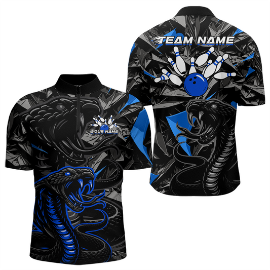 Custom Blue Cobra Snake Bowling Jersey for Men Bowling Team Shirts Bowling Uniform Polo & 1/4 Zip HNT137