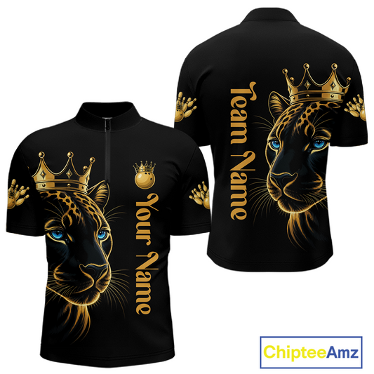 Black shirt with gold panther design and customizable text on a white background