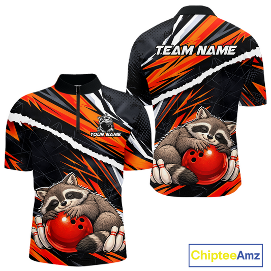 Custom Orange Raccoon Funny Bowling Jersey for Men Bowling Team Shirts Polo & 1/4 Zip HNT247