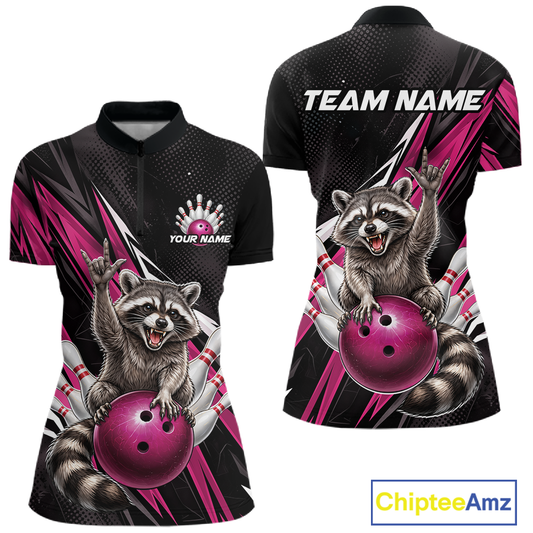 Custom Pink Raccoon Bowling Jersey for Women Bowling Team Shirts Bowling Polo & 1/4 Zip HNT254
