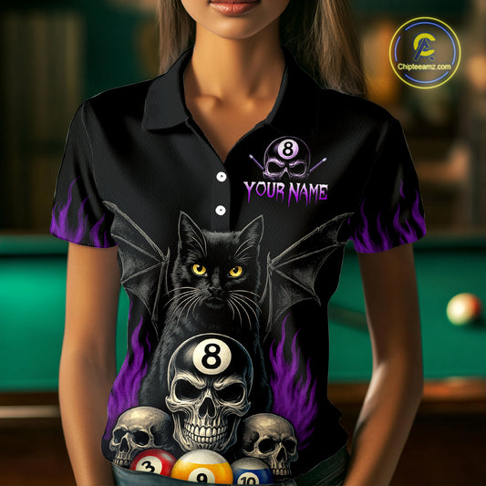 Personalized Name Bat Cat Billards Polo Shirts For Woman Custom Team Name Billiard Shirt Design YYD0014