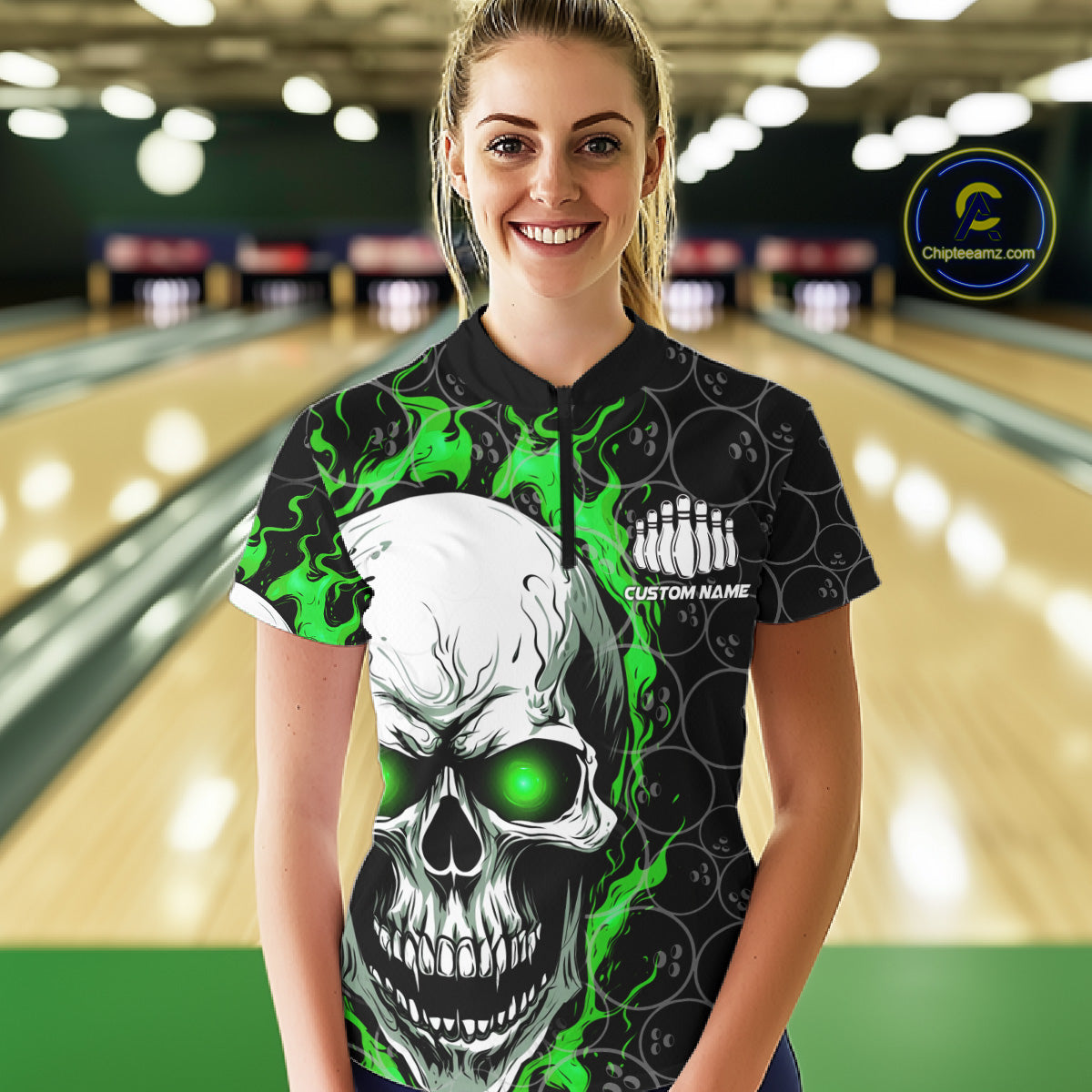 Personalized Skull Bowling Shirt For Women Custom Team'S Name Flame Bowler Jerseys | Green IPHW5008
