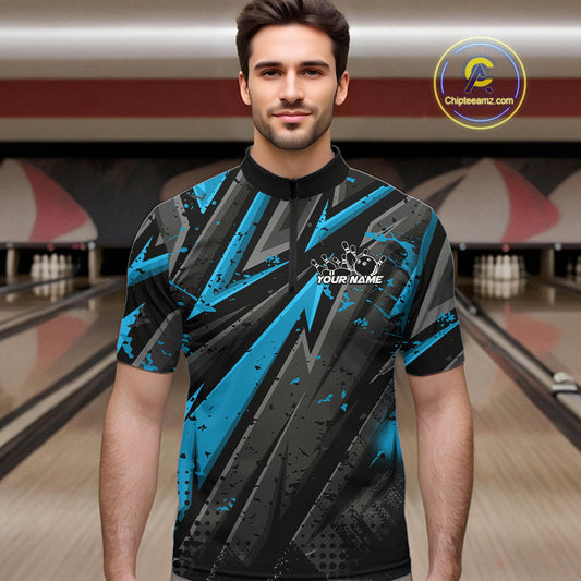 Custom Grunge Black And Blue Cobra Snake Bowling Men Quarter-Zip Shirt With Team Name For Bowlers IPHW9029