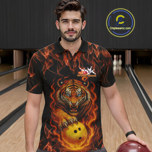 Custom Fire Flame Tiger Bowling Team Polo Shirts For Men, Tournament Bowling Outfit IPHW9037