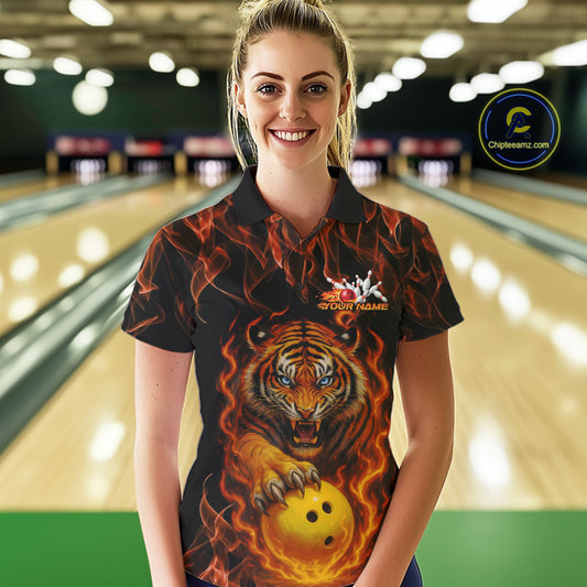 Custom Fire Flame Tiger Bowling Team Polo Shirts For Women, Tournament Bowling Outfit IPHW9037