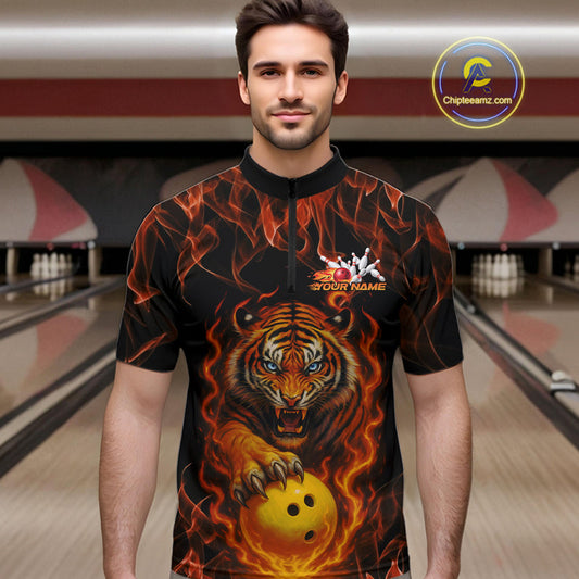 Custom Fire Flame Tiger Bowling Team Quarter-Zip Shirts For Men, Tournament Bowling Outfit IPHW9037