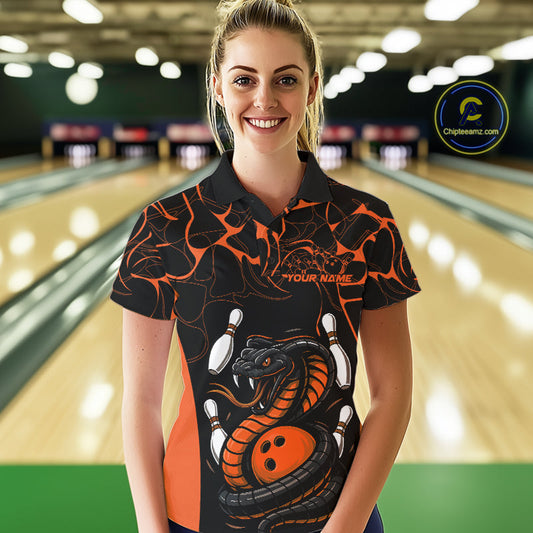 Custom Black And Orange Cobra Snake Bowling Jerseys, Bowling Team Women Polo Shirts IPHW9040