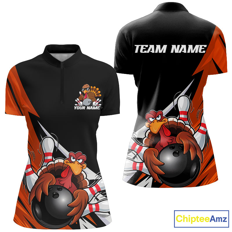 Black And Orange Custom Funny Turkey Bowling Team Shirts For Women, Thanksgiving Outfit IPHW7877