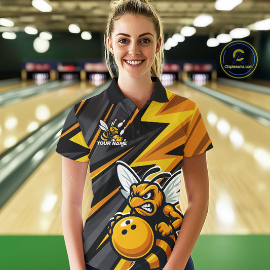 Custom Black And Yellow Bee Bowling Polo Shirts For Women, Bowling Team Uniform IPHW9046