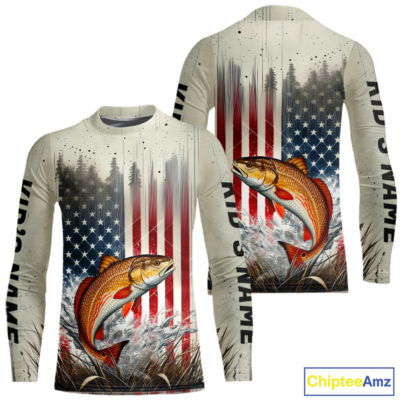 Custom Patriotic US Flag Redfish Puppy Drum Kid Long Sleeve Fishing Shirt, Redfish Fishing Jersey IPHW9294