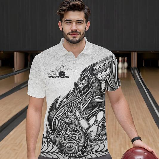 Custom Grunge Black And Gray Tribal Flame Polynesian Bowling Team Polo Shirts For Men IPHW8804