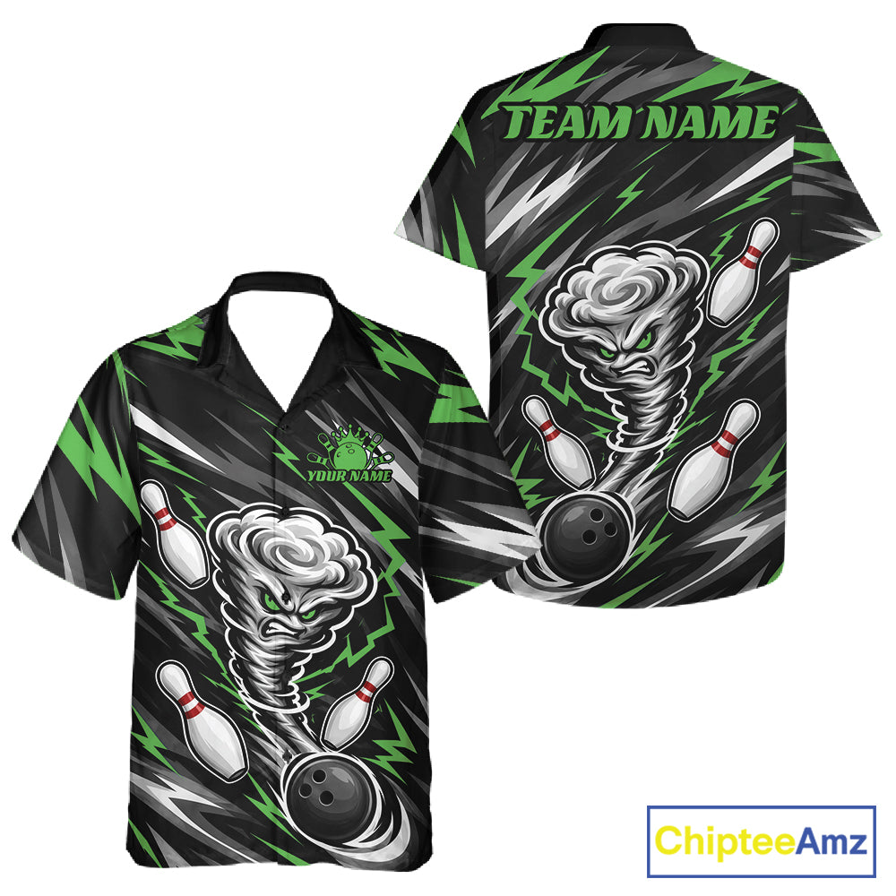Custom Black And Green Storm Thunnder Lightning Bolts Bowling Team Men And Women Button Up Shirt IPHW11809