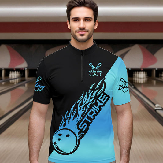 Black And Blue Custom Strike Bowling Quarter-Zip Shirts For Men, Bowling Team Shirt Bowler Outfit IPHW8822