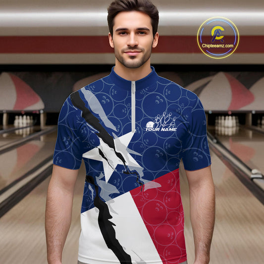 Custom Bowling Pattern Texeas Bowling Quarter-Zip Shirts For Men, Texas Bowling League Shirt IPHW9630