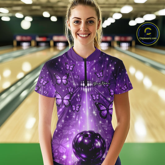 Custom Purple Galaxy Bowling Lane Butterfly Bowling Team Women Quarter-Zip Shirt IPHW10917