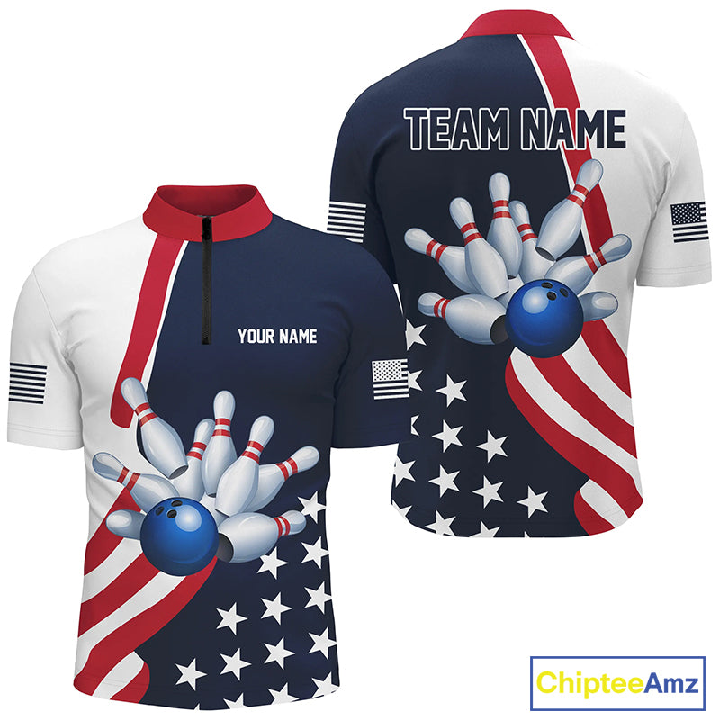 Custom Patriotic Bowling Shirts For Men, US Bowling Team Shirts American Flag Shirt IPHW7395