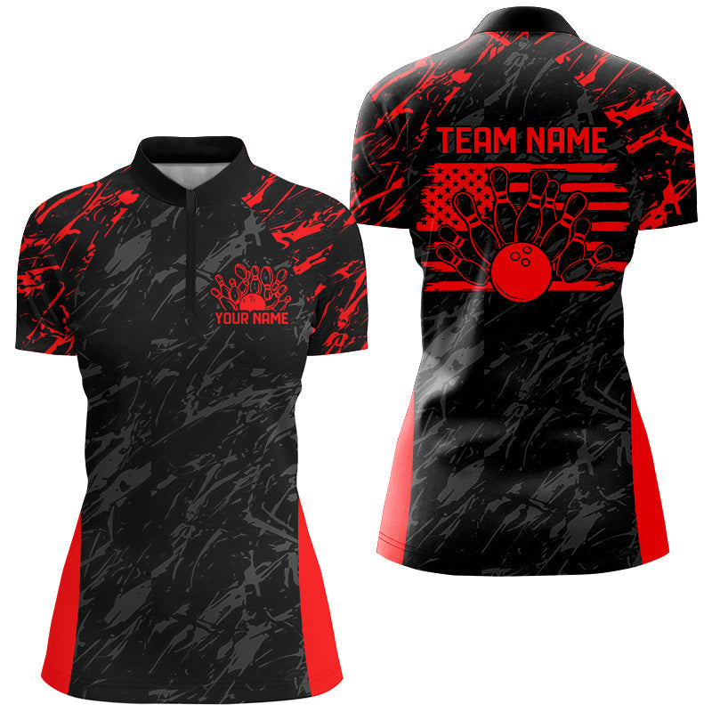 Black And Red Camo Custom Patriotic Ladies Bowling Shirts, American Flag US Bowling Shirt IPHW7913