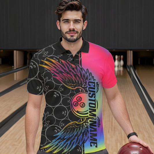 Colorful Rainbow Custom Bowling Tournament Men Polo Shirts, Bowling Ball And Wings Jerseys IPHW8846