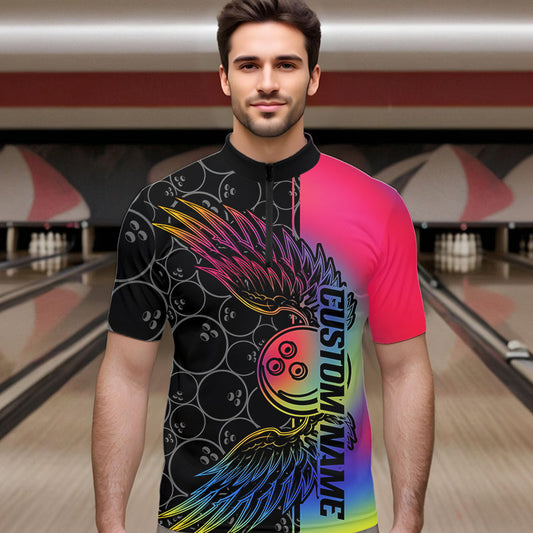 Colorful Rainbow Custom Bowling Tournament Men Quarter-Zip Shirts, Bowling Ball And Wings Jerseys IPHW8846