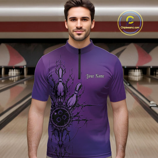 Man wearing a purple bowling shirt with a design and text on a bowling alley background