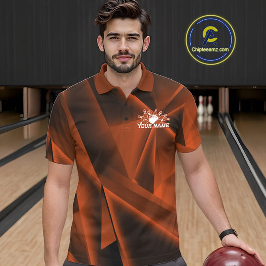 Man in a bowling alley wearing a custom polo shirt with a logo and text.