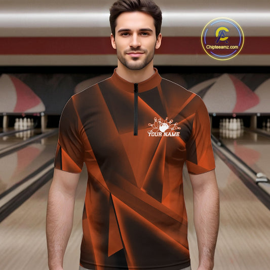 Man wearing a custom bowling shirt with a bowling alley in the background