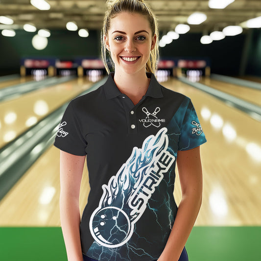 Custom Black And Blue Thunder Lightning Strike Bowling Polo Shirts For Women Team Shirt IPHW8532