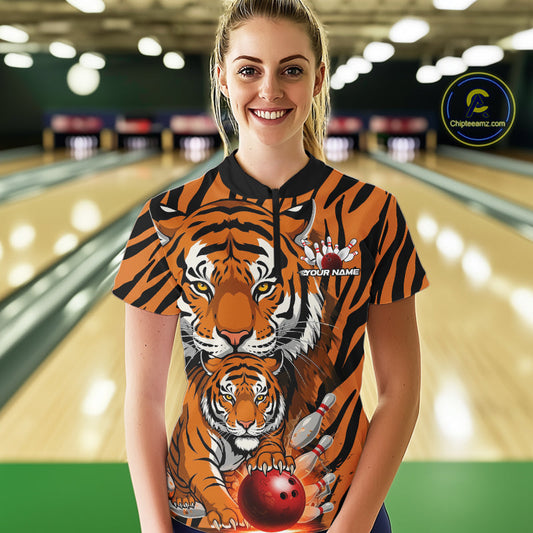 Custom Tiger Print Bowling Team Shirts, Tiger Women Quarter-Zip Shirts With Name IPHW9095
