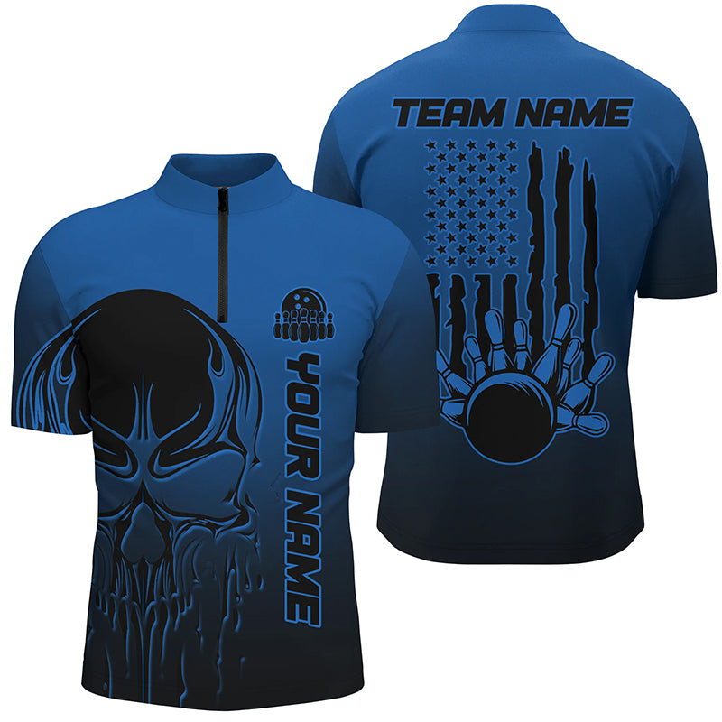 Black And Blue Skull Custom Unisex Bowling Team Shirts, American Flag Patriotic Bowling Outfits IPHW6057